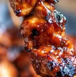 Juicy BBQ chicken skewers ready for grilling with fresh vegetables.