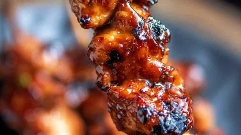 Juicy BBQ chicken skewers ready for grilling with fresh vegetables.