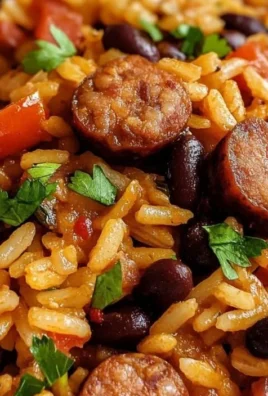 Plate of black beans and rice with sausage garnished with herbs