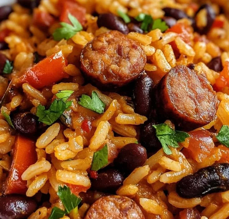 Plate of black beans and rice with sausage garnished with herbs