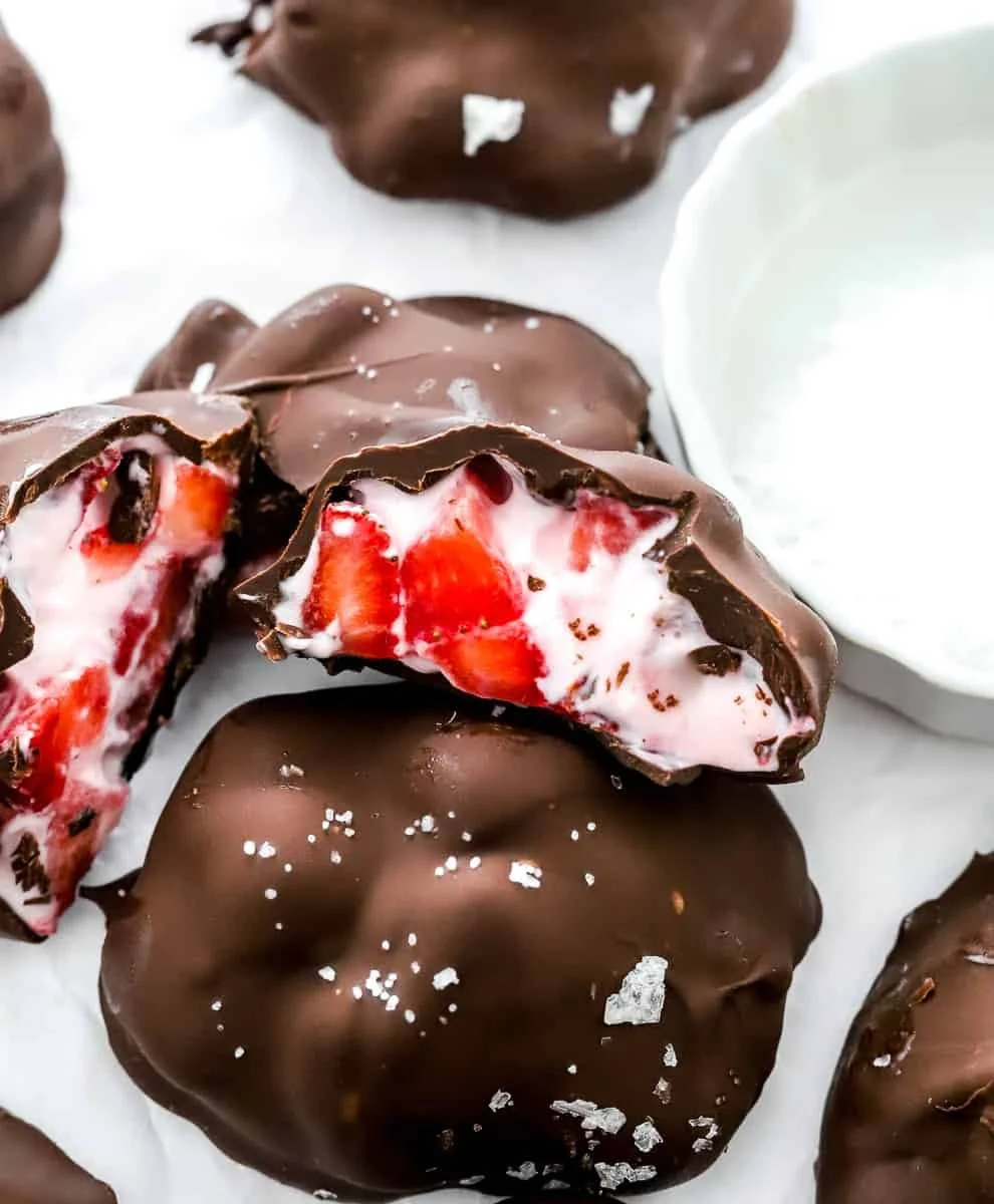 Delicious Chocolate Strawberry Frozen Yogurt Bites on a plate
