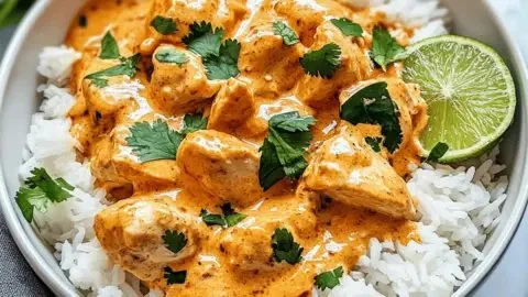 Coconut Chicken Rice Bowl topped with fresh herbs and served in a bowl