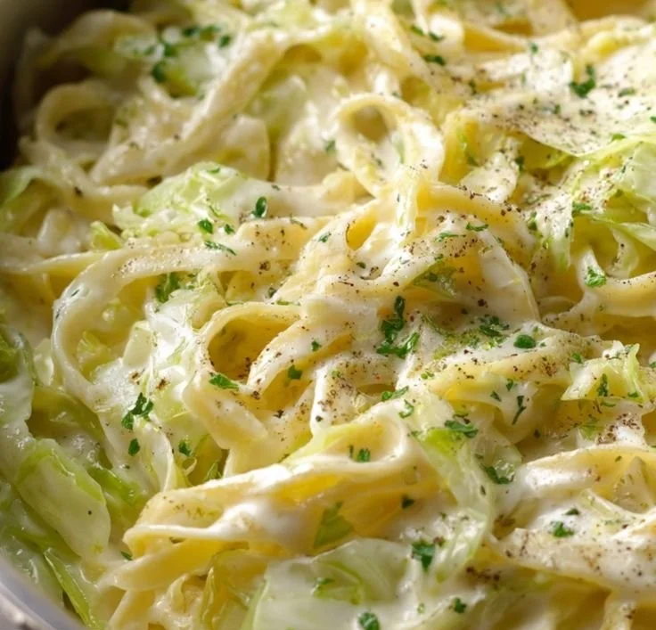 Creamy Alfredo Cabbage Pasta in a bowl garnished with herbs
