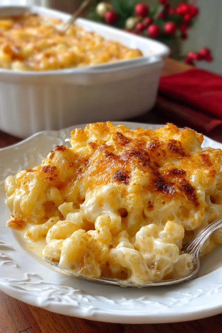 Creamy baked macaroni and cheese with a crispy topping in a casserole dish