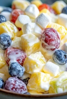 Creamy fruit salad with mixed fruits and creamy dressing in a bowl