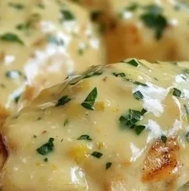 Creamy lemon chicken dish garnished with herbs and lemon slices
