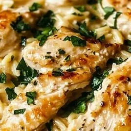 Creamy orzo chicken dish with colorful vegetables
