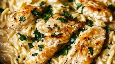 Creamy orzo chicken dish with colorful vegetables