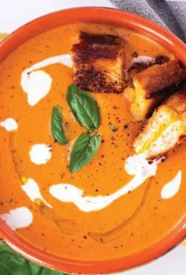 Bowl of creamy tomato basil bisque topped with fresh basil leaves