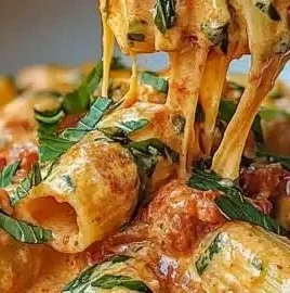 Delicious creamy tomato garlic pasta topped with fresh basil and parmesan cheese.