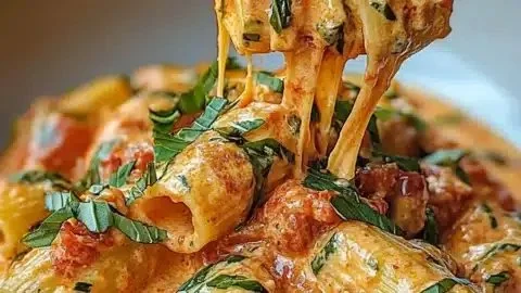 Delicious creamy tomato garlic pasta topped with fresh basil and parmesan cheese.