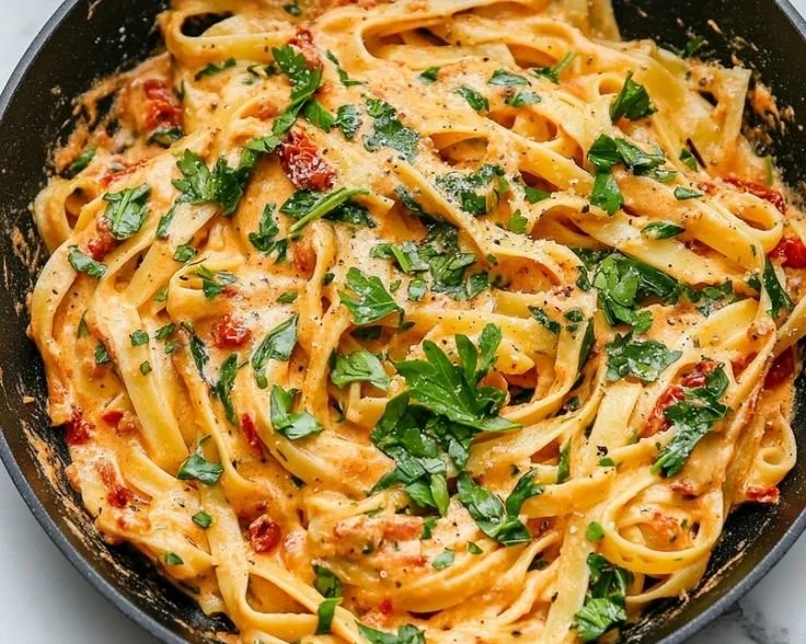 Creamy vegan sun-dried tomato pasta served in a bowl with fresh herbs