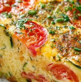 Crustless zucchini tomato quiche with fresh ingredients on a plate