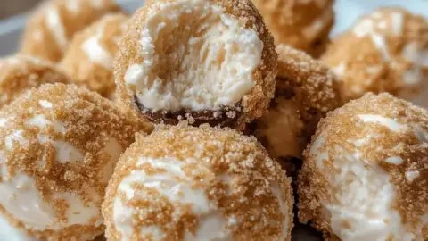 Delicious cheesecake protein balls on a white plate, healthy snack option.