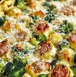 Sheet pan broccoli tortellini bake with cheese and vegetables