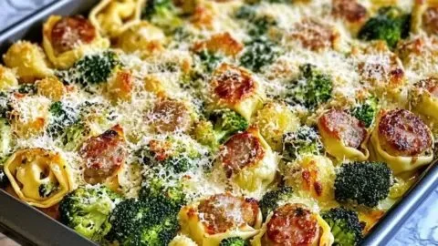 Sheet pan broccoli tortellini bake with cheese and vegetables
