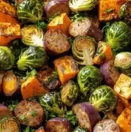 Easy sheet pan sausage with sweet potato and Brussels sprouts dinner