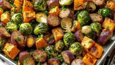 Easy sheet pan sausage with sweet potato and Brussels sprouts dinner