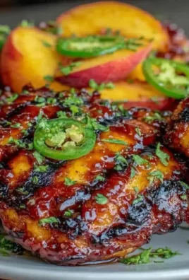 Delicious jalapeno peach chicken dish garnished with fresh herbs