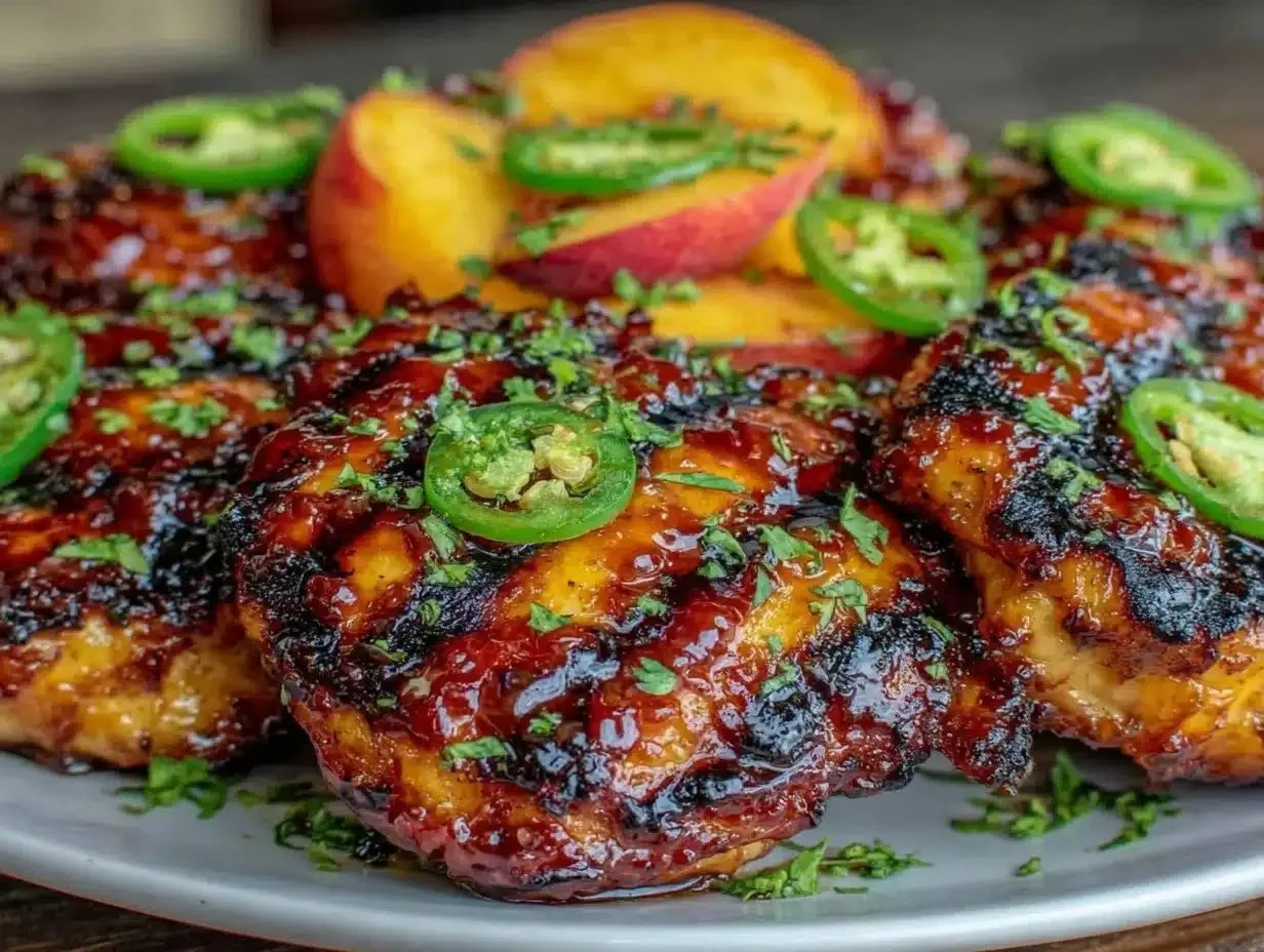 Delicious jalapeno peach chicken dish garnished with fresh herbs