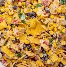 Delicious Frito Corn Salad prepared with fresh ingredients.