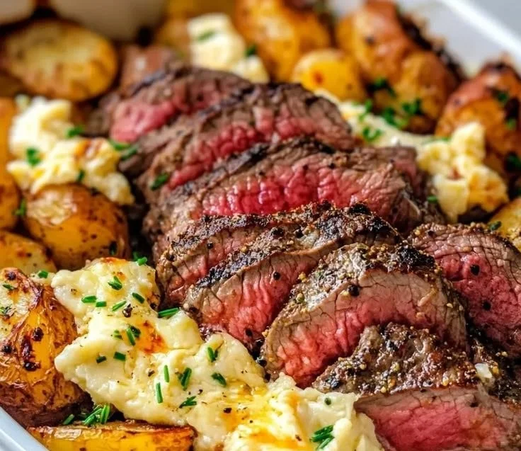 Delicious Garlic Butter Steak served with Cheddar Potato Bake