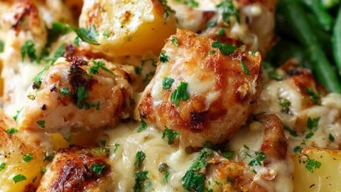Delicious Garlic Parmesan Chicken served with seasoned potatoes on a plate