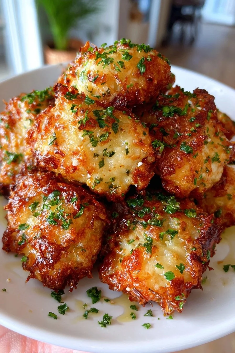 Garlic Parmesan Chicken Bites garnished with herbs on a serving plate
