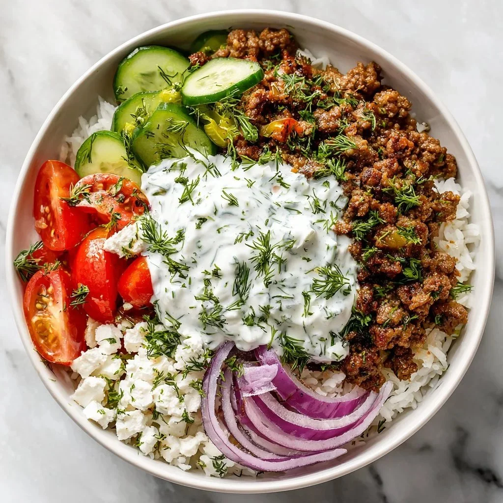Delicious Greek-inspired ground beef bowls with fresh ingredients.