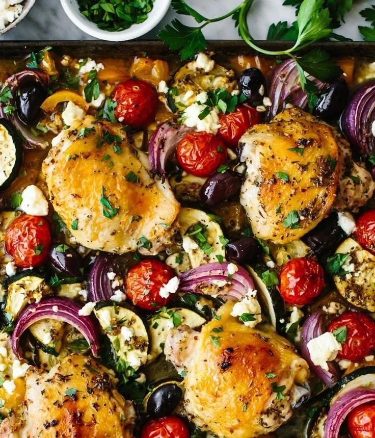 Greek Sheet Pan Chicken with vegetables and herbs