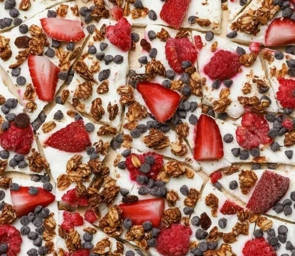 Homemade Greek Yogurt Bark topped with fruits and nuts