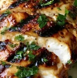 Marinated grilled chicken on a plate, showcasing juicy caramelization