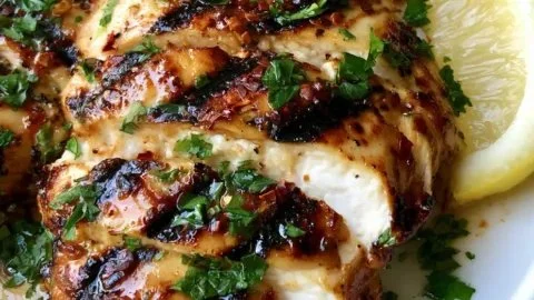 Marinated grilled chicken on a plate, showcasing juicy caramelization