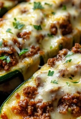 Ground Beef Zucchini Boats topped with cheese and herbs in a baking dish