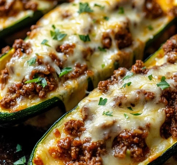 Ground Beef Zucchini Boats topped with cheese and herbs in a baking dish