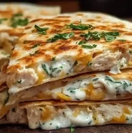 High-protein chicken ranch quesadilla on a plate with toppings