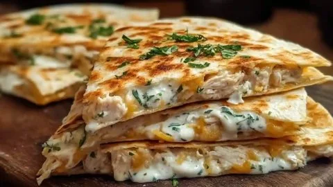 High-protein chicken ranch quesadilla on a plate with toppings