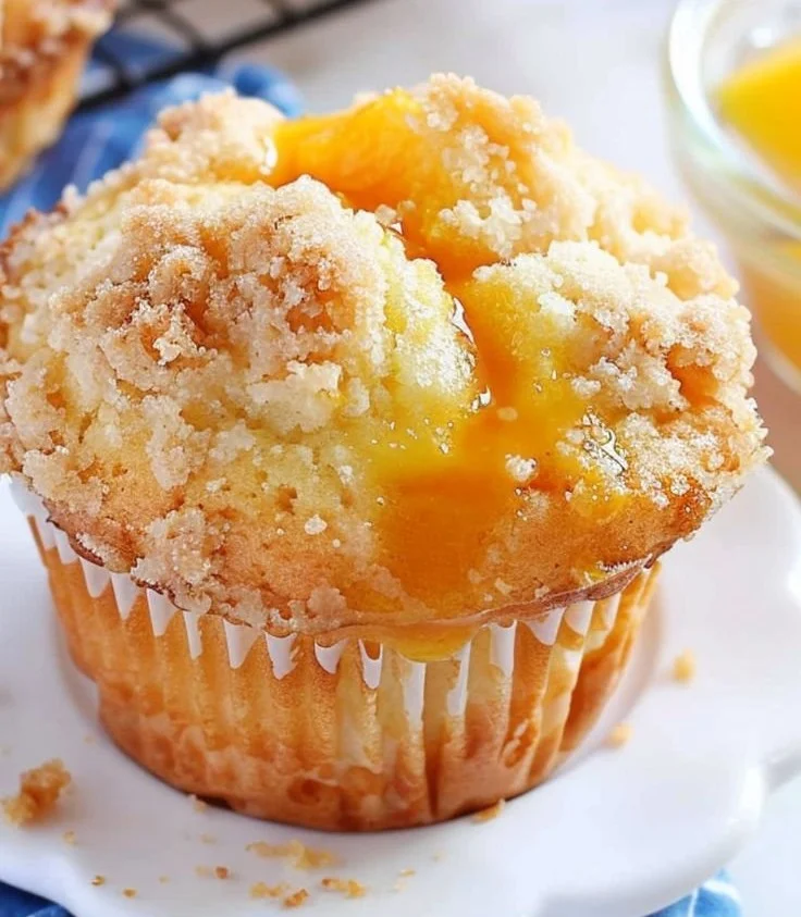 Freshly baked homemade peach cobbler muffins on a plate