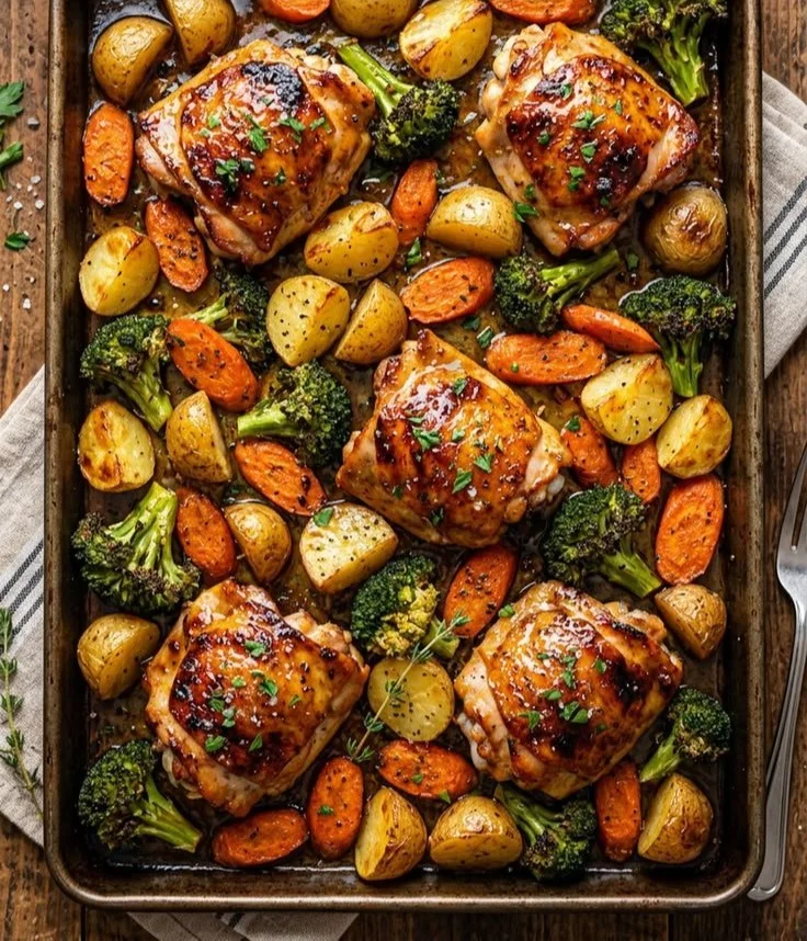 Honey Garlic Chicken Thighs served with roasted vegetables on a plate
