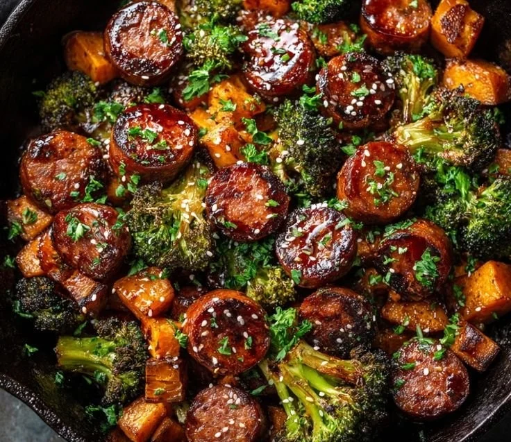 Honey Garlic Sausage with Sweet Potatoes on a sheet pan dinner
