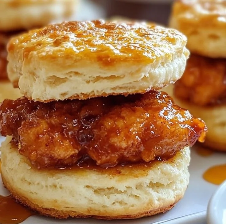 A plate of hot honey chicken biscuits topped with spicy honey glaze.