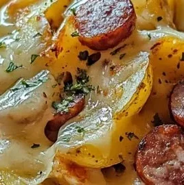 Delicious cheesy ranch potatoes served with smoked sausage in a baking dish.