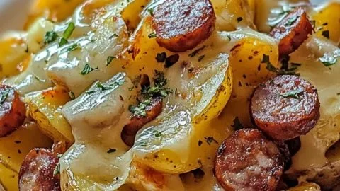 Delicious cheesy ranch potatoes served with smoked sausage in a baking dish.