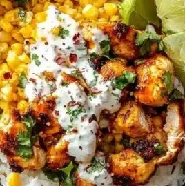 Delicious street corn chicken rice bowl topped with fresh cilantro and lime