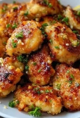 Lemon garlic chicken bites served on a plate with herbs