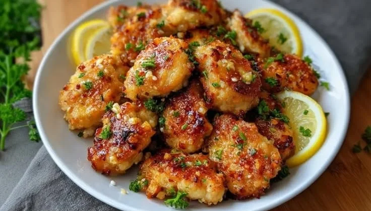 Lemon garlic chicken bites served on a plate with herbs