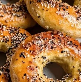 Freshly baked low-carb Greek yogurt bagels on a wooden table