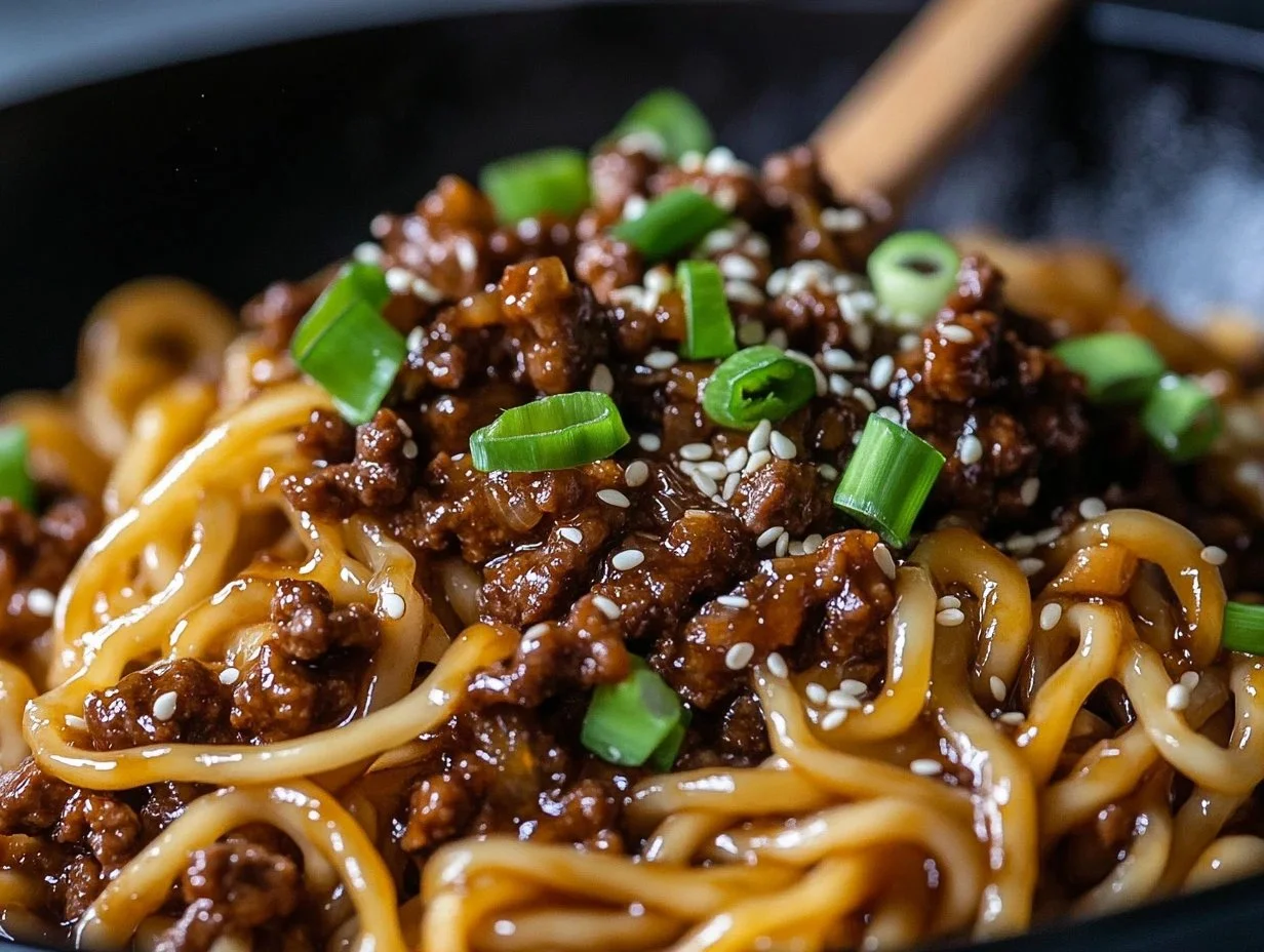 Plate of Mongolian Ground Beef Noodles garnished with green onions