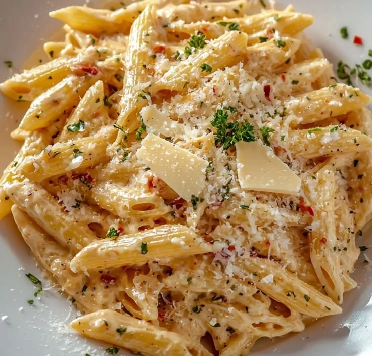 One pot creamy garlic pasta dish with fresh herbs and parmesan cheese