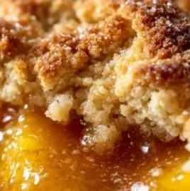 Delicious Paula Deen peach cobbler served in a dish with a golden crust and juicy peaches.